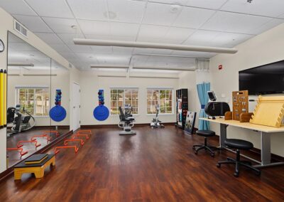 Therapy gym with a full-length mirror, step hurdles, weights rack, and arm bike for physical and occupational therapy