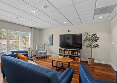 Cozy TV lounge with a blue sofa, patterned armchair, bookshelf, potted olive tree, and a sunny window with blinds